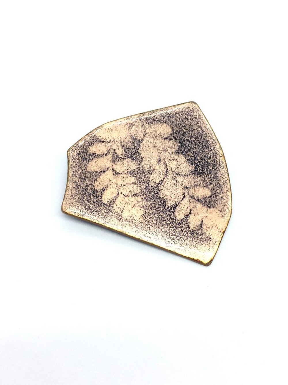 VINTAGE POTTERY BROOCH Floral Shard Copper Enamel Artisan Abstract Pin 2"